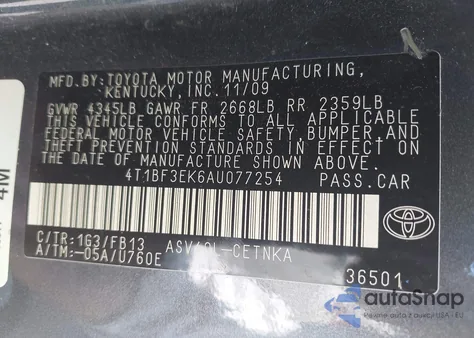 2010 Toyota Camry Le из США, поврежденный, VIN 4T1BF3EK6AU077254